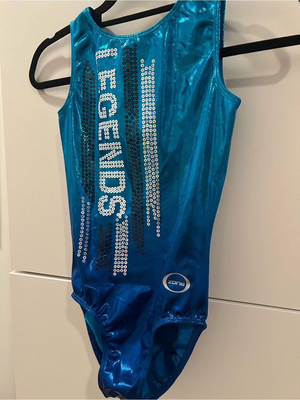 Zone Shiny Blue Gymnastics Leotard with Sequin Logo - Adult Medium